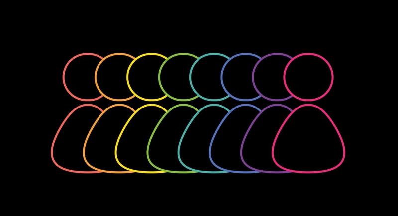 Outline illustration of eight human figures, with each figure outlined in a gradient rainbow color transitioning from red to violet. The design uses simple, rounded shapes on a black background, emphasising diversity and unity through colour progression.