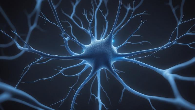 Digital scientific illustration depicts a glowing neuron within a dark neural network. Blue branching dendrites and axons radiate from a central cell body, emphasizing neuronal connectivity and signal transmission.